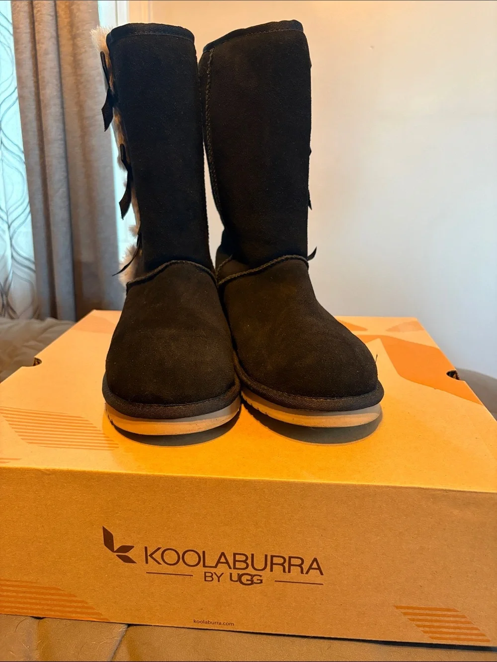 Koolaburra Black Faux-Suede Winter Boots with Gray Fur Pom-Poms and Ribbon